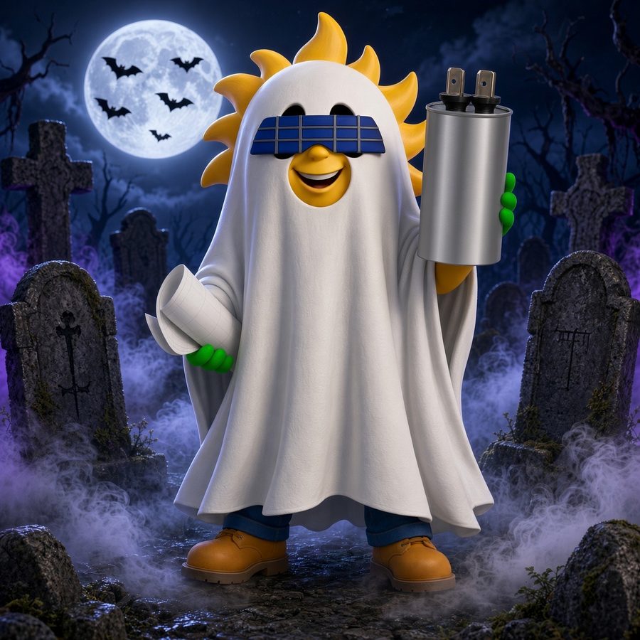 Energy Whisperer mascot dressed as a ghost in a moonlit graveyard, holding a capacitor